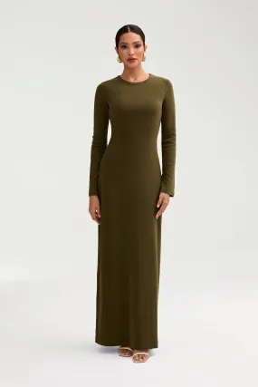 Ella Ribbed Split Cuff Maxi Dress - Olive Night