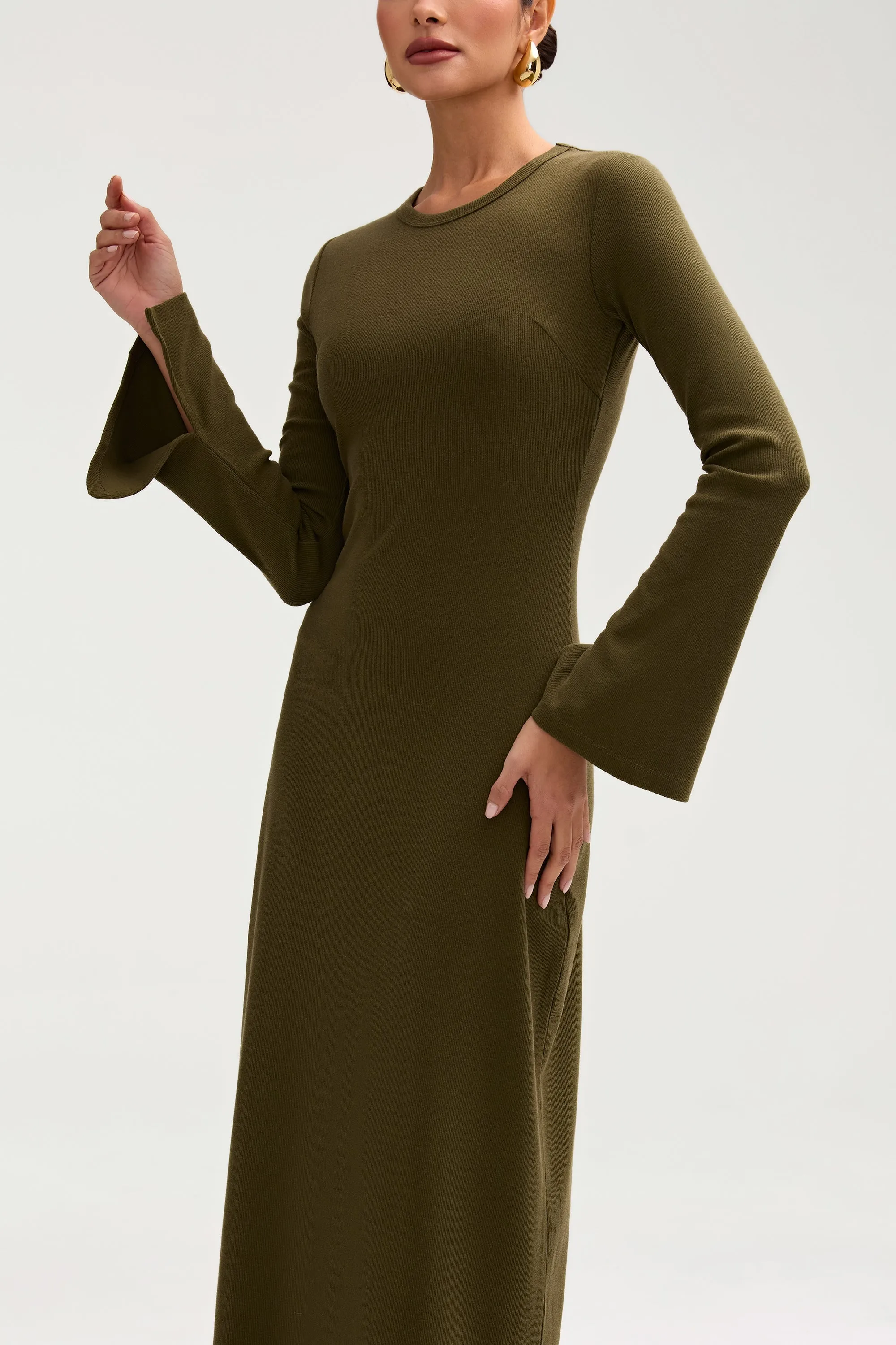 Ella Ribbed Split Cuff Maxi Dress - Olive Night