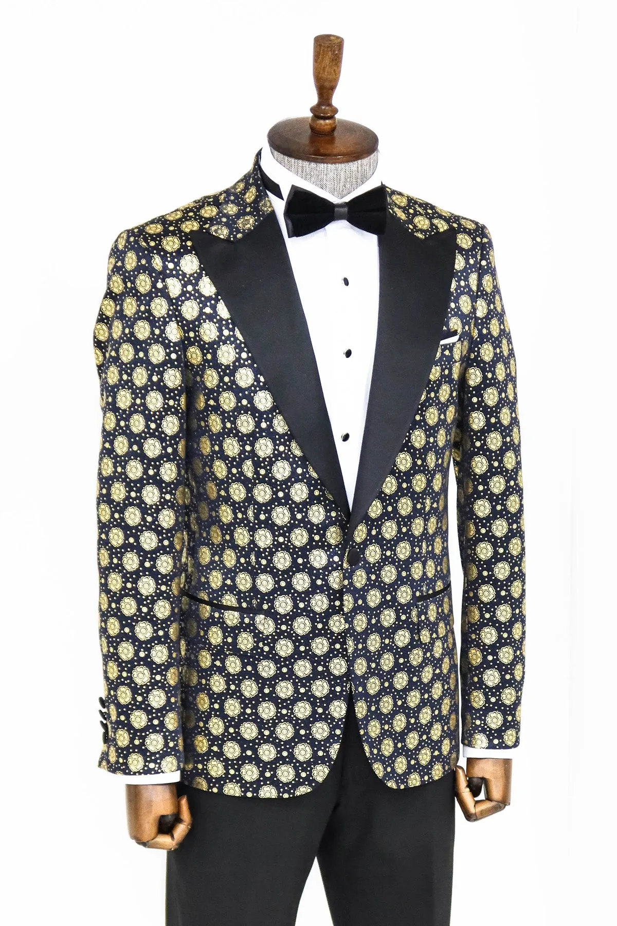 Floral Patterned Peak Lapel  Navy Blue with Gold Embellished Dinner Jacket - Wessi