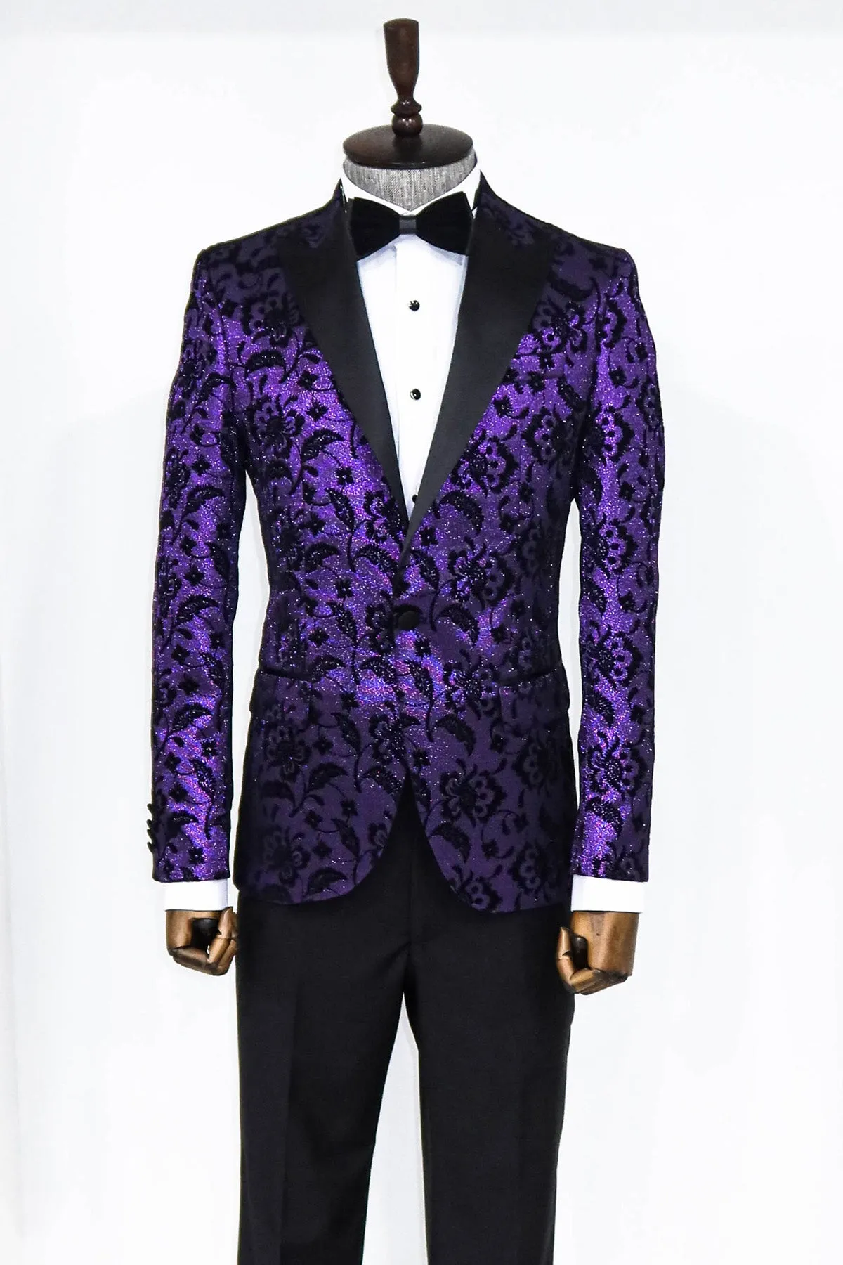 Floral Patterned Peak Lapel Purple Men Prom  Party Blazer - Wessi