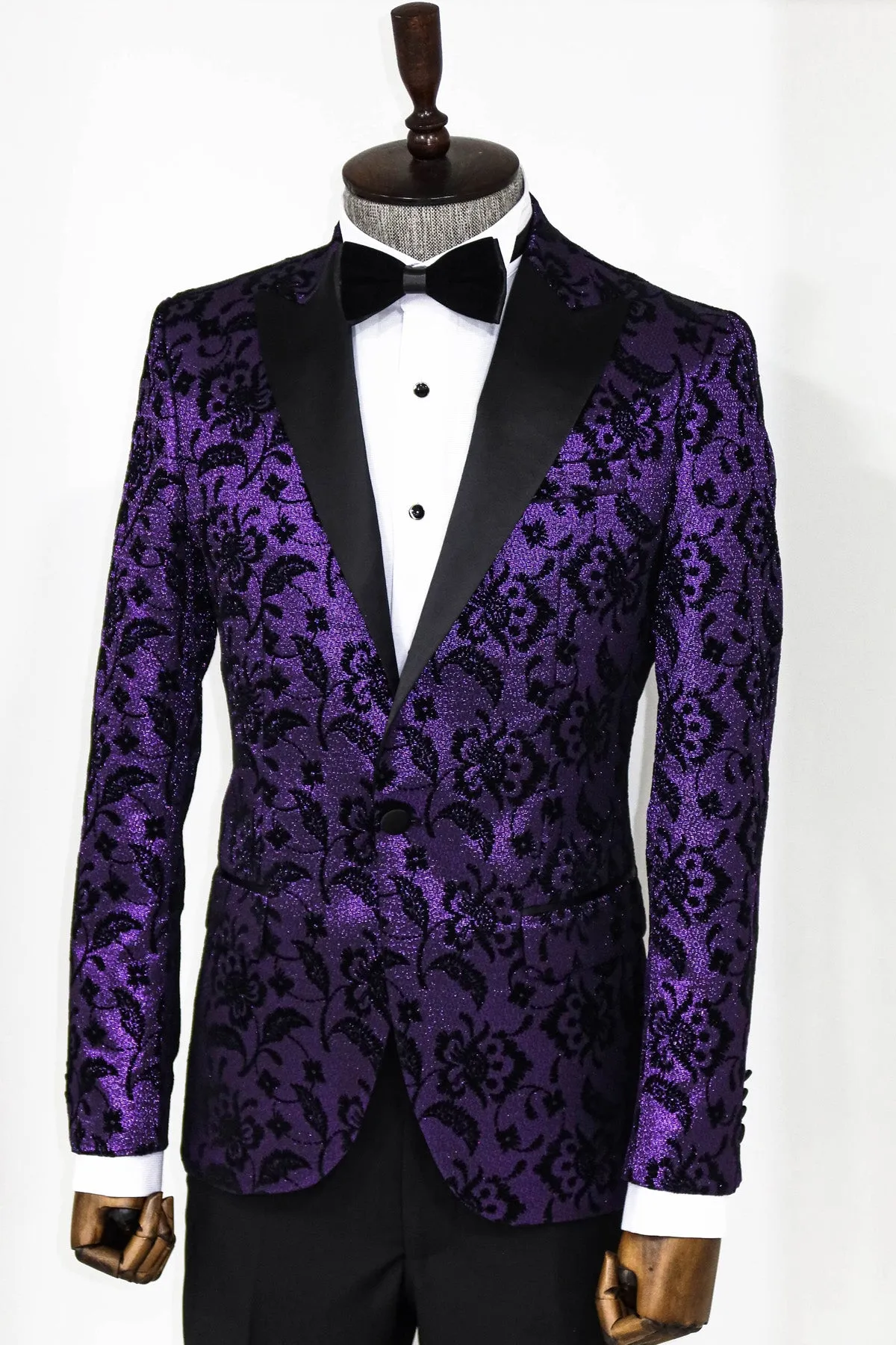 Floral Patterned Peak Lapel Purple Men Prom  Party Blazer - Wessi