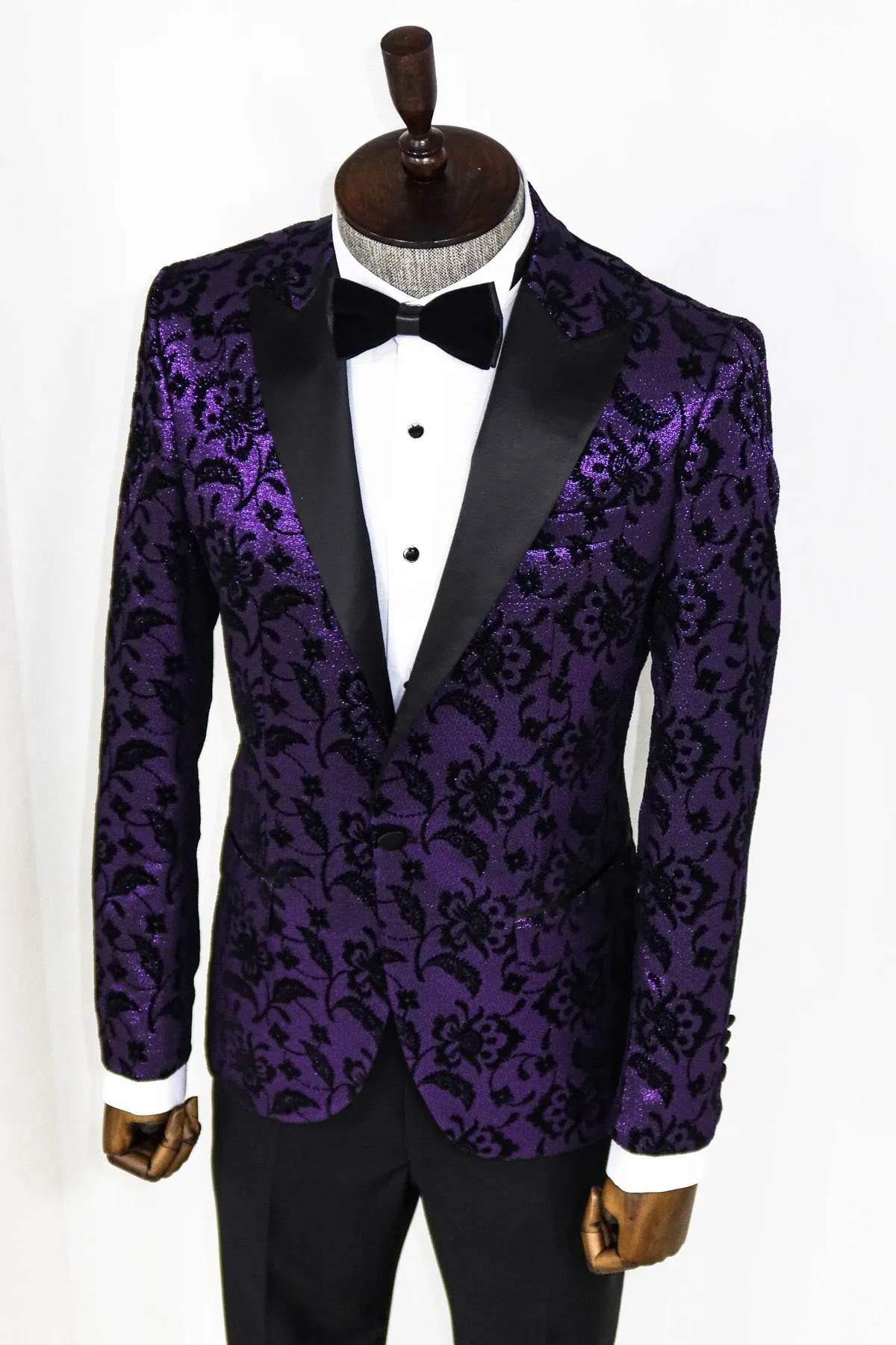 Floral Patterned Peak Lapel Purple Men Prom  Party Blazer - Wessi