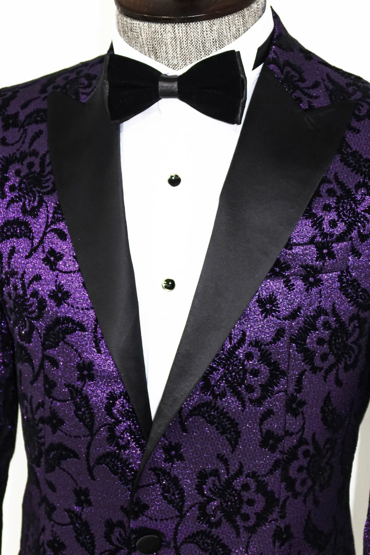 Floral Patterned Peak Lapel Purple Men Prom  Party Blazer - Wessi