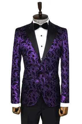 Floral Patterned Peak Lapel Purple Men Prom  Party Blazer - Wessi