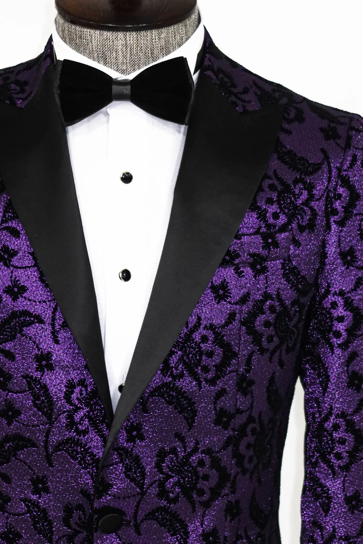 Floral Patterned Peak Lapel Purple Men Prom  Party Blazer - Wessi