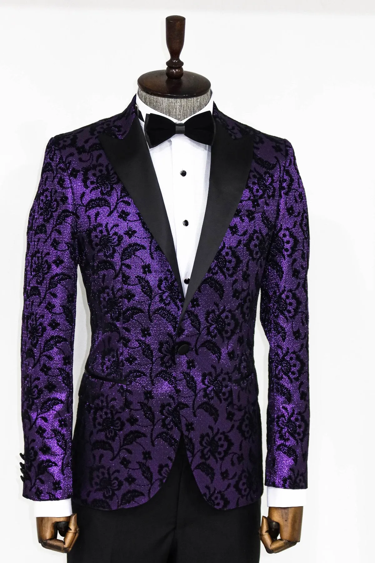 Floral Patterned Peak Lapel Purple Men Prom  Party Blazer - Wessi