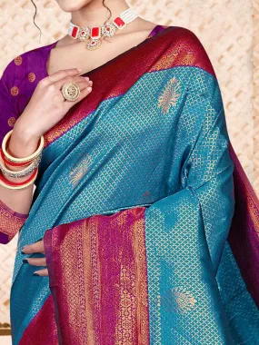 Gorgeous Art Silk Wedding Saree in Elegant Peacock blue & Wine - Exclusive Fancy Collection at ₹795!