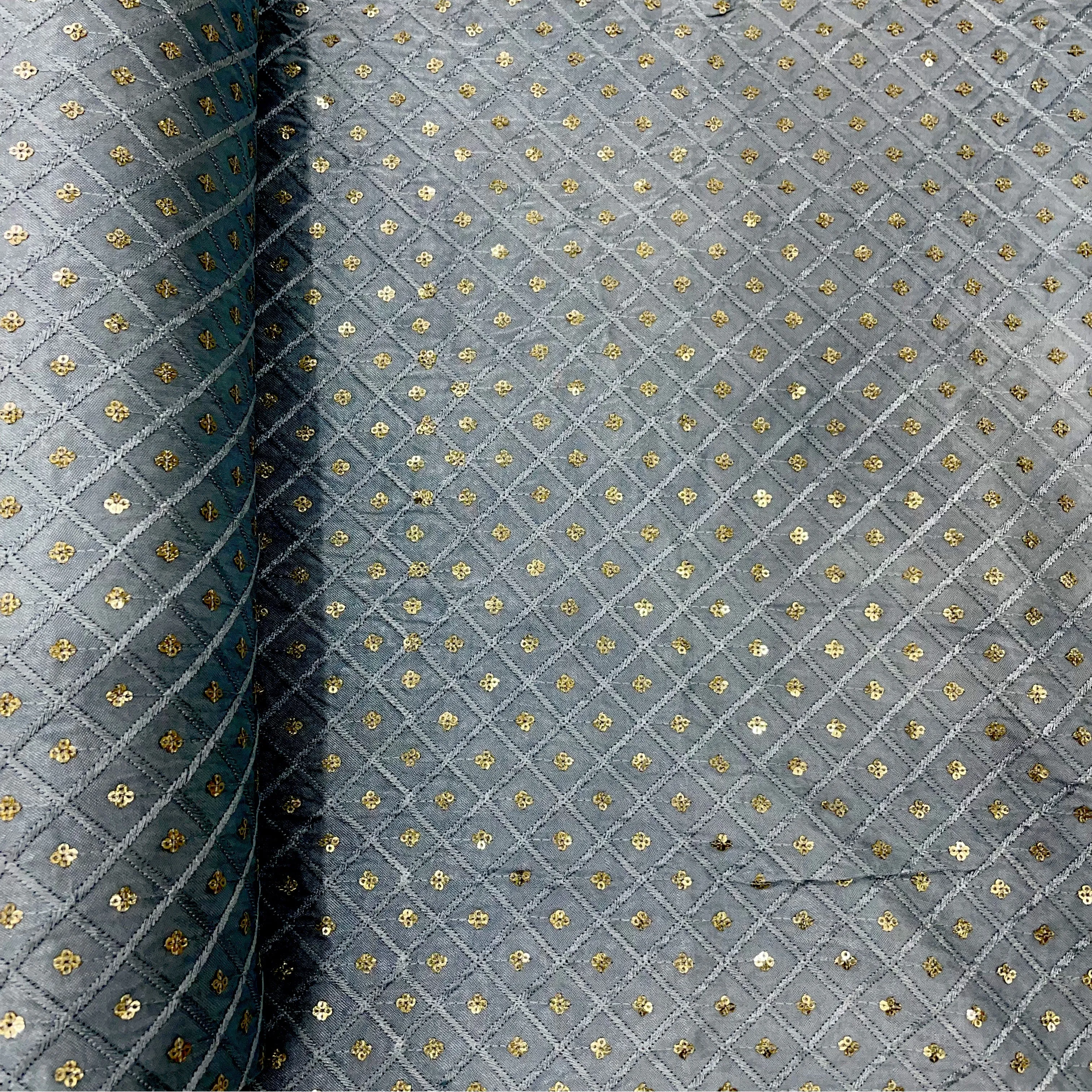 Grey Geometrical Embroidery Sequins Satin Silk Fabric