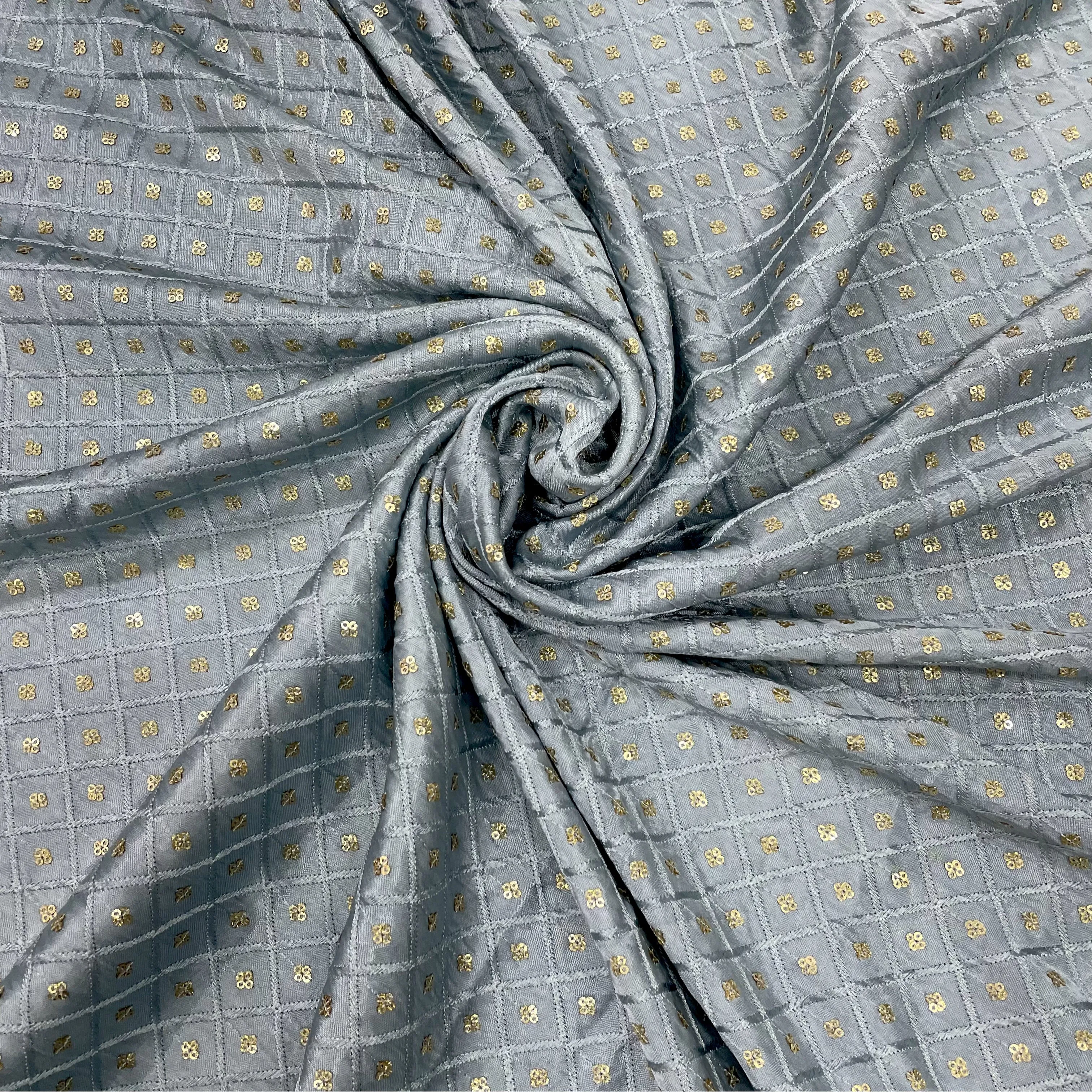 Grey Geometrical Embroidery Sequins Satin Silk Fabric