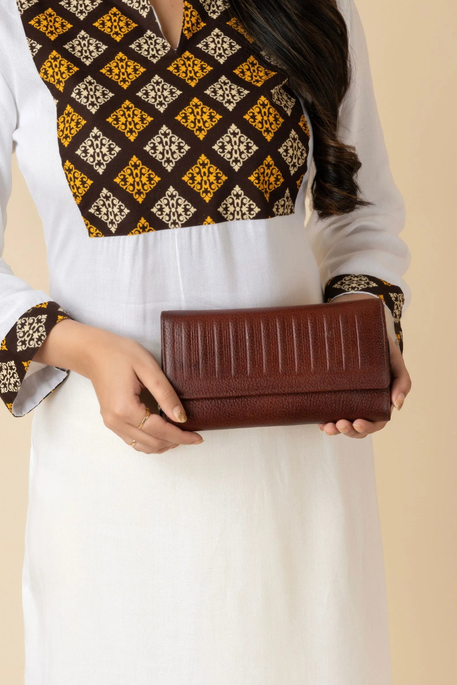 Handcrafted Leather Clutch For Women - Brown 4 Compartment Bag 7.5x4 Inches, Genuine Leather