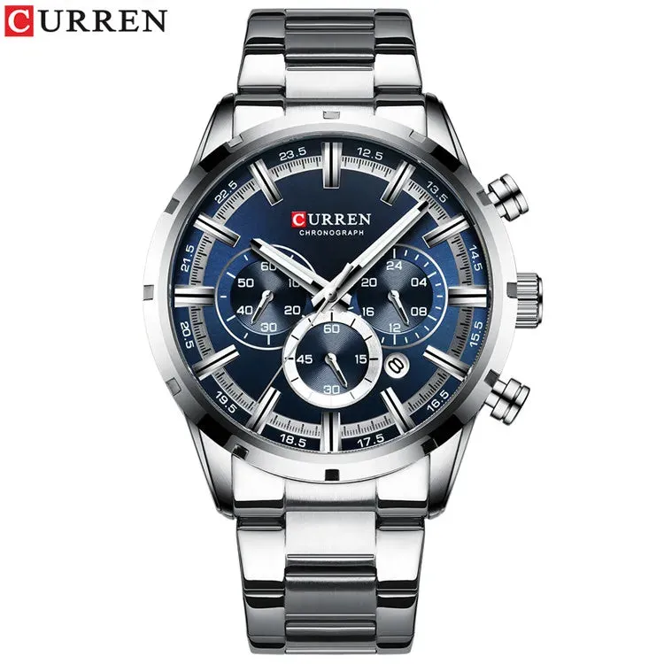 JC - Men’s Business Watch: Curren brand, blue dial, stainless steel, date feature, and waterproof