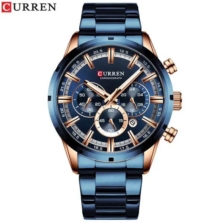 JC - Men’s Business Watch: Curren brand, blue dial, stainless steel, date feature, and waterproof