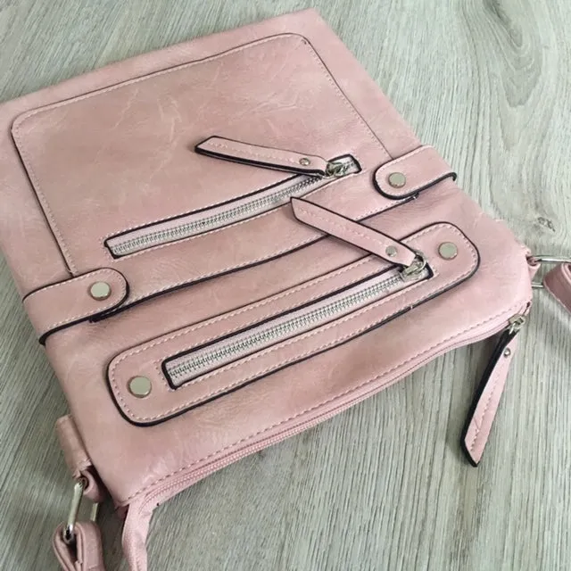 LARGE BLUSH PINK MULTI COMPARTMENT CROSSBODY BAG WITH LONG STRAP