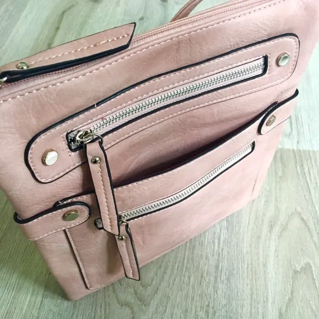 LARGE BLUSH PINK MULTI COMPARTMENT CROSSBODY BAG WITH LONG STRAP