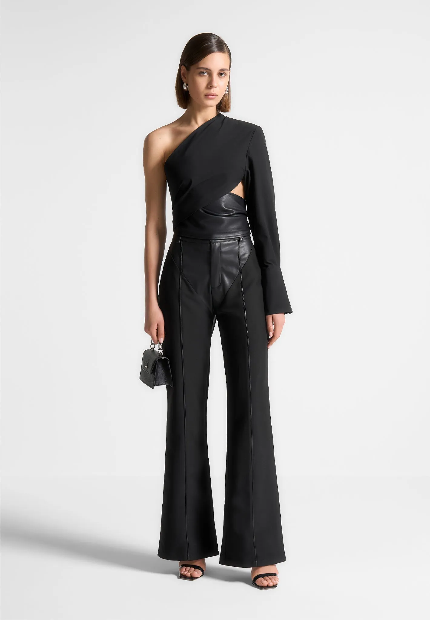 Leather & Woven Trousers - Black