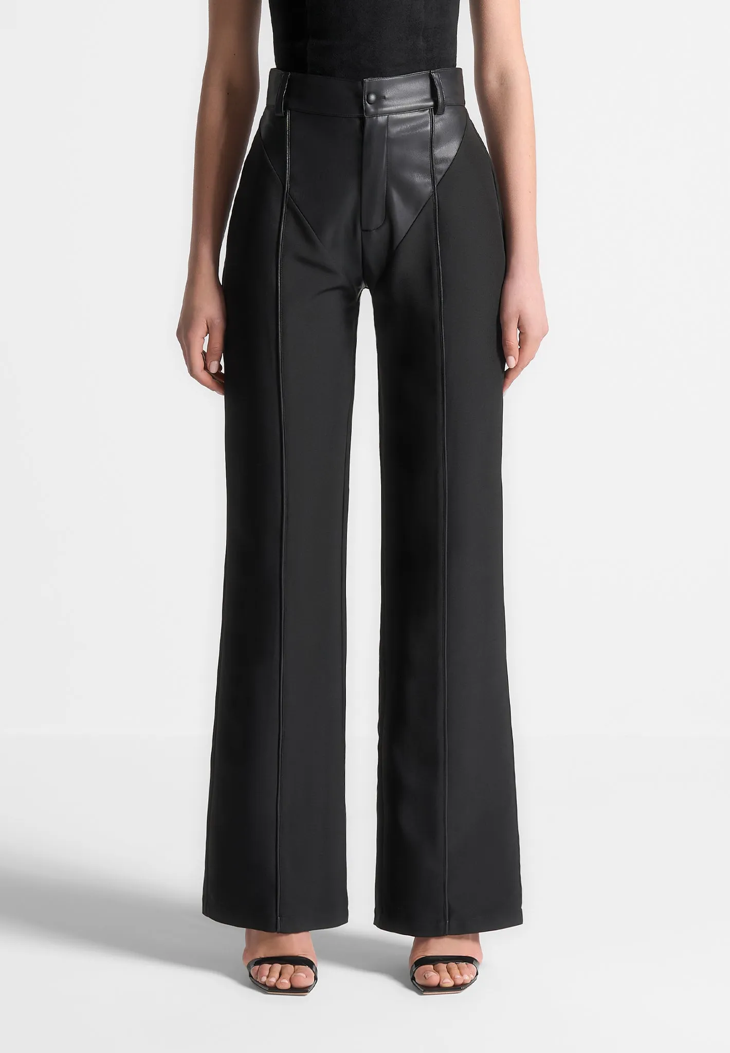 Leather & Woven Trousers - Black