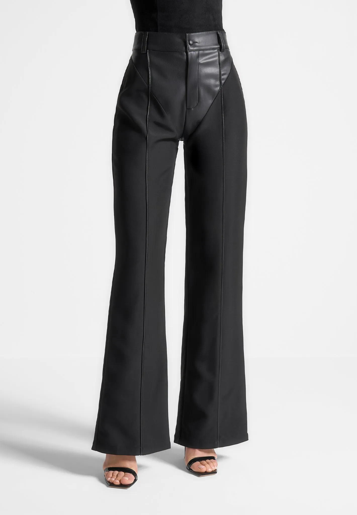 Leather & Woven Trousers - Black