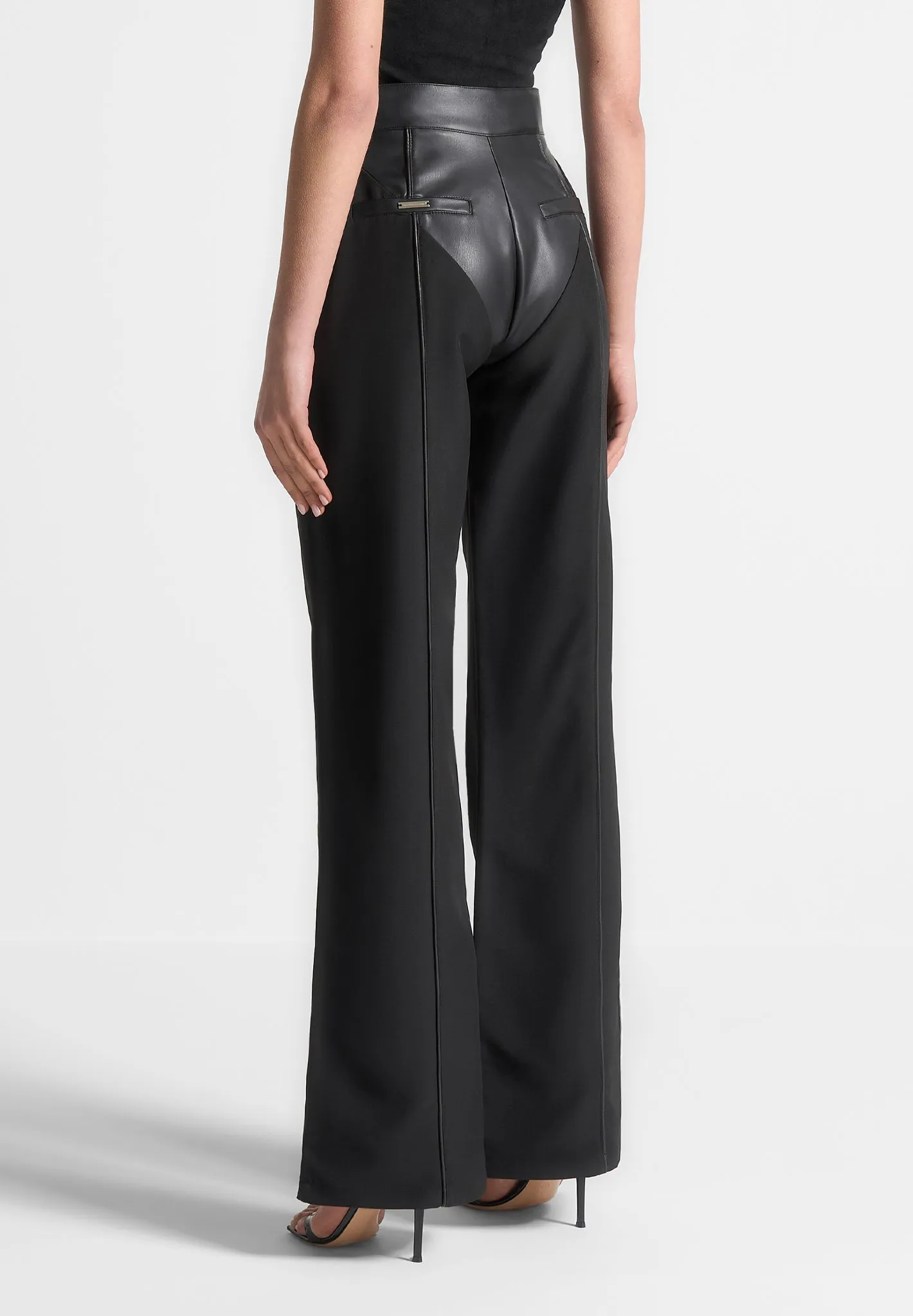 Leather & Woven Trousers - Black