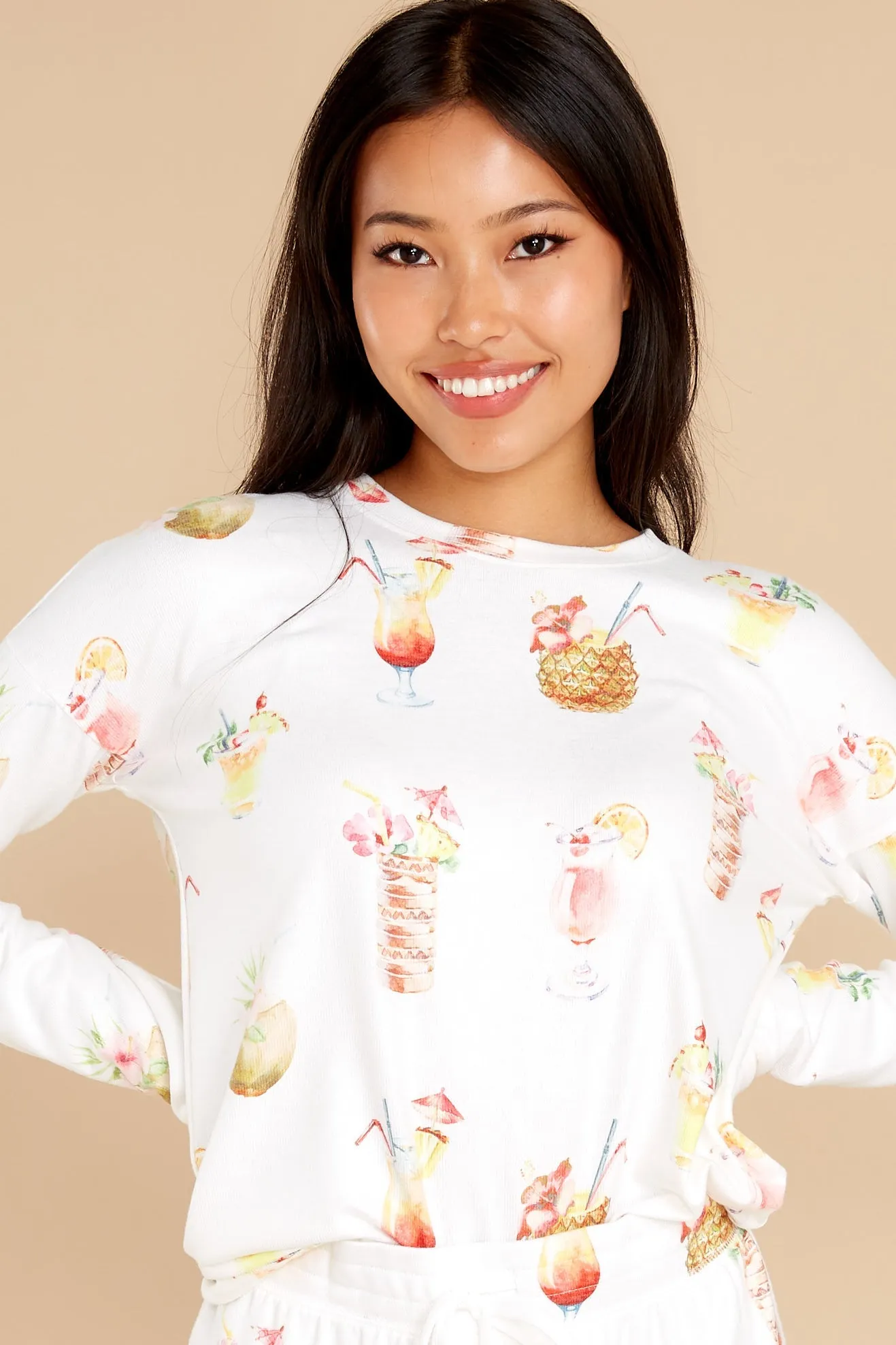 Let's Get Tropical Cocktail Print Long Sleeve Top