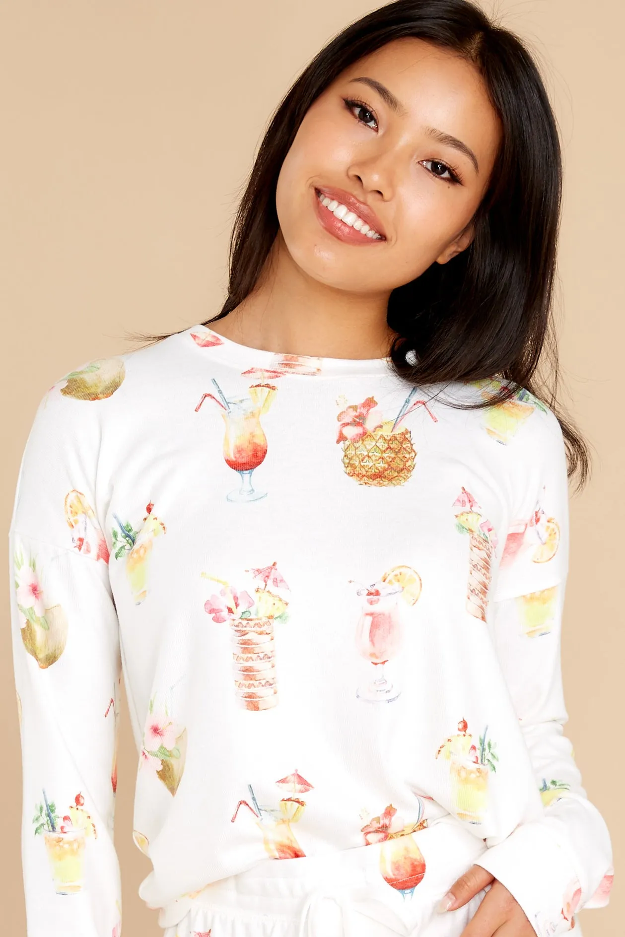 Let's Get Tropical Cocktail Print Long Sleeve Top