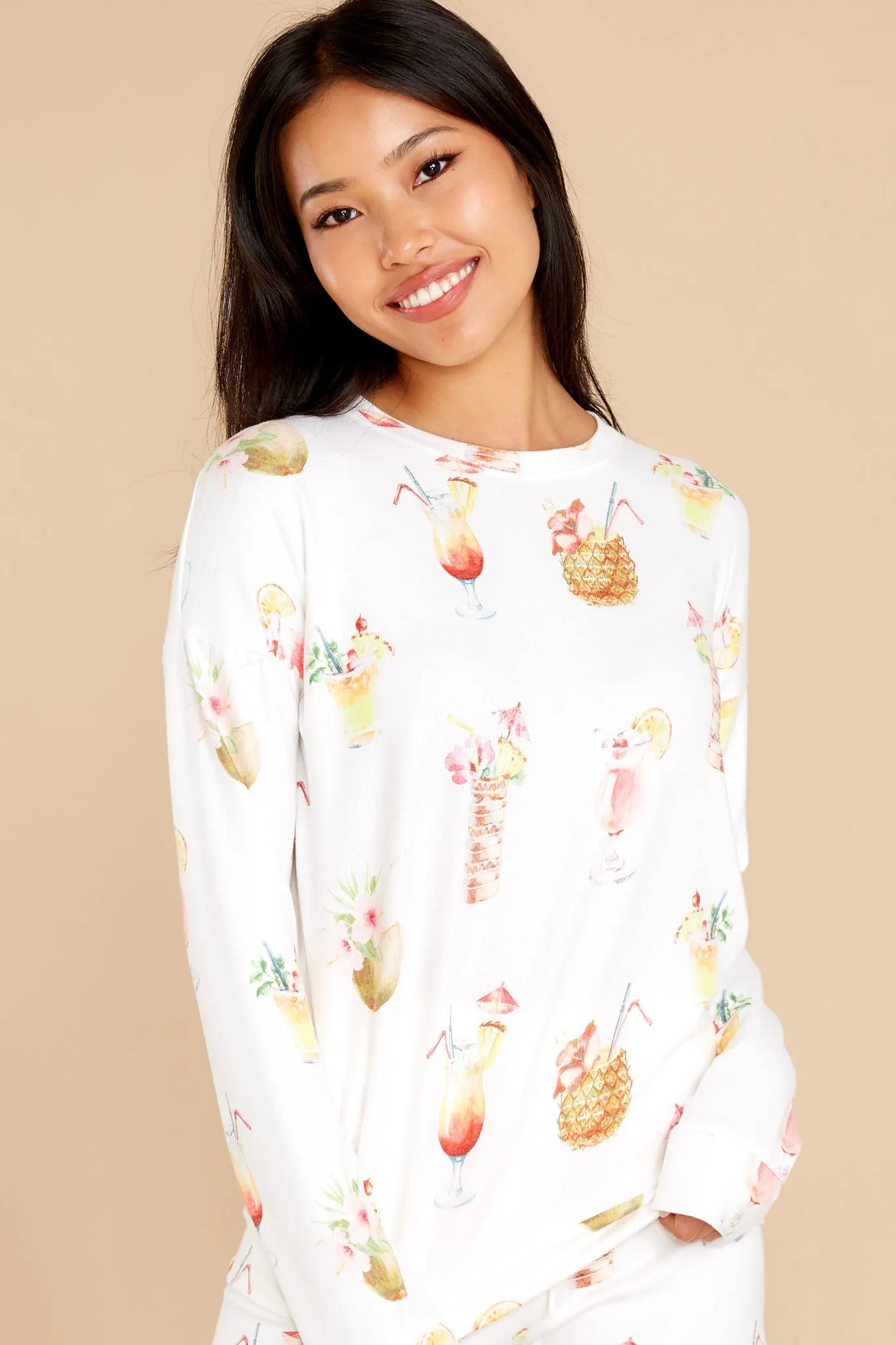 Let's Get Tropical Cocktail Print Long Sleeve Top