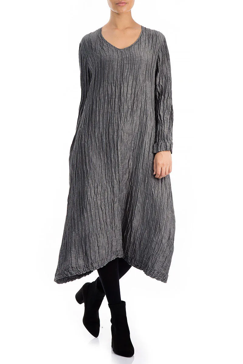 Long Sleeves Crinkled Silver Silk Linen Dress