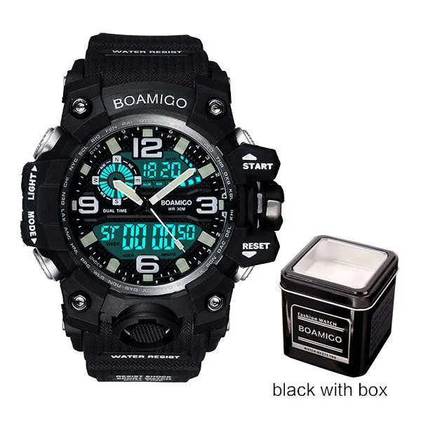 Men Sports Watches BOAMIGO Brand Digital LED Orange Shock Swim Quartz Rubber Wristwatches Waterproof Clock Relogio Masculino