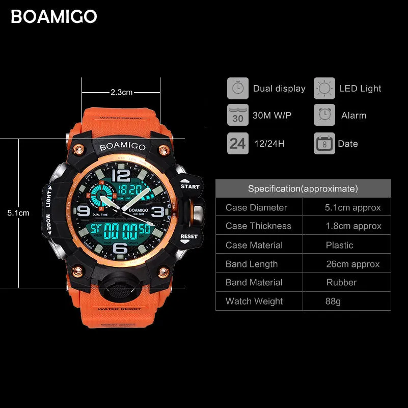 Men Sports Watches BOAMIGO Brand Digital LED Orange Shock Swim Quartz Rubber Wristwatches Waterproof Clock Relogio Masculino