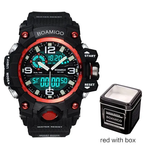 Men Sports Watches BOAMIGO Brand Digital LED Orange Shock Swim Quartz Rubber Wristwatches Waterproof Clock Relogio Masculino