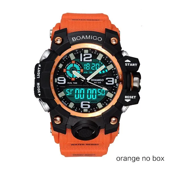 Men Sports Watches BOAMIGO Brand Digital LED Orange Shock Swim Quartz Rubber Wristwatches Waterproof Clock Relogio Masculino