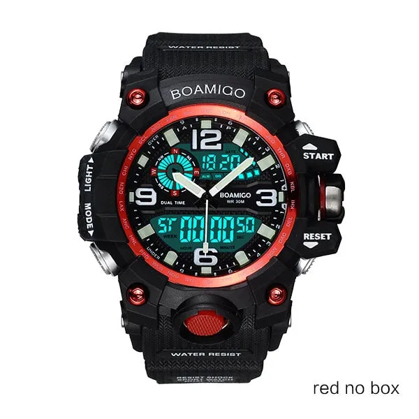 Men Sports Watches BOAMIGO Brand Digital LED Orange Shock Swim Quartz Rubber Wristwatches Waterproof Clock Relogio Masculino