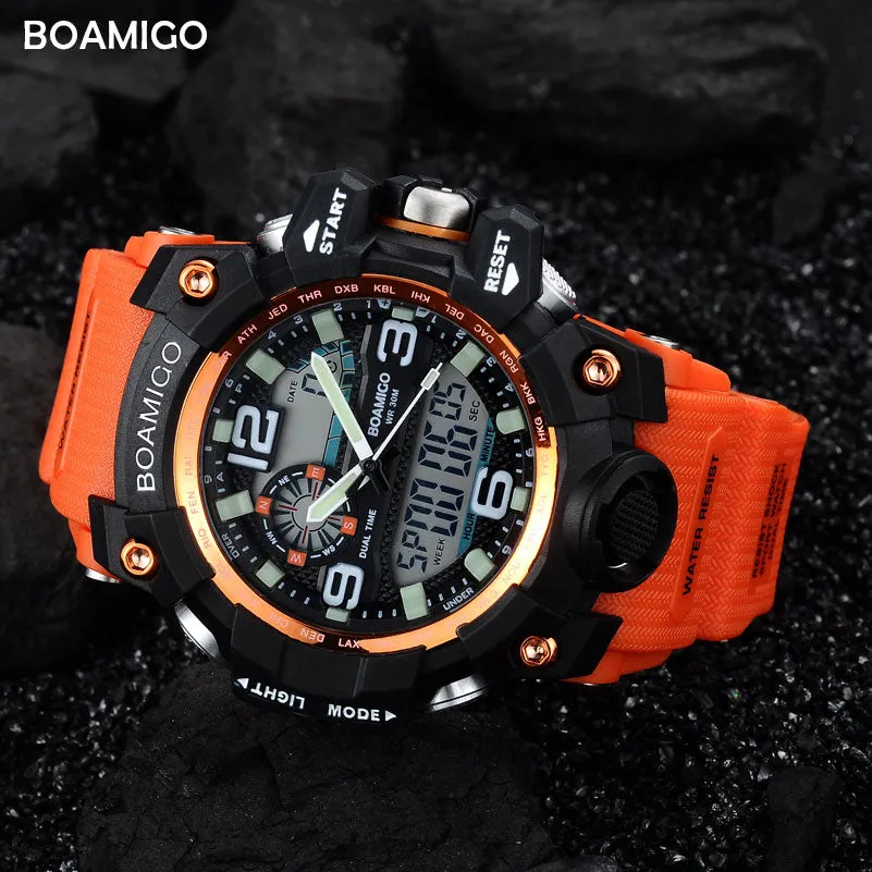 Men Sports Watches BOAMIGO Brand Digital LED Orange Shock Swim Quartz Rubber Wristwatches Waterproof Clock Relogio Masculino