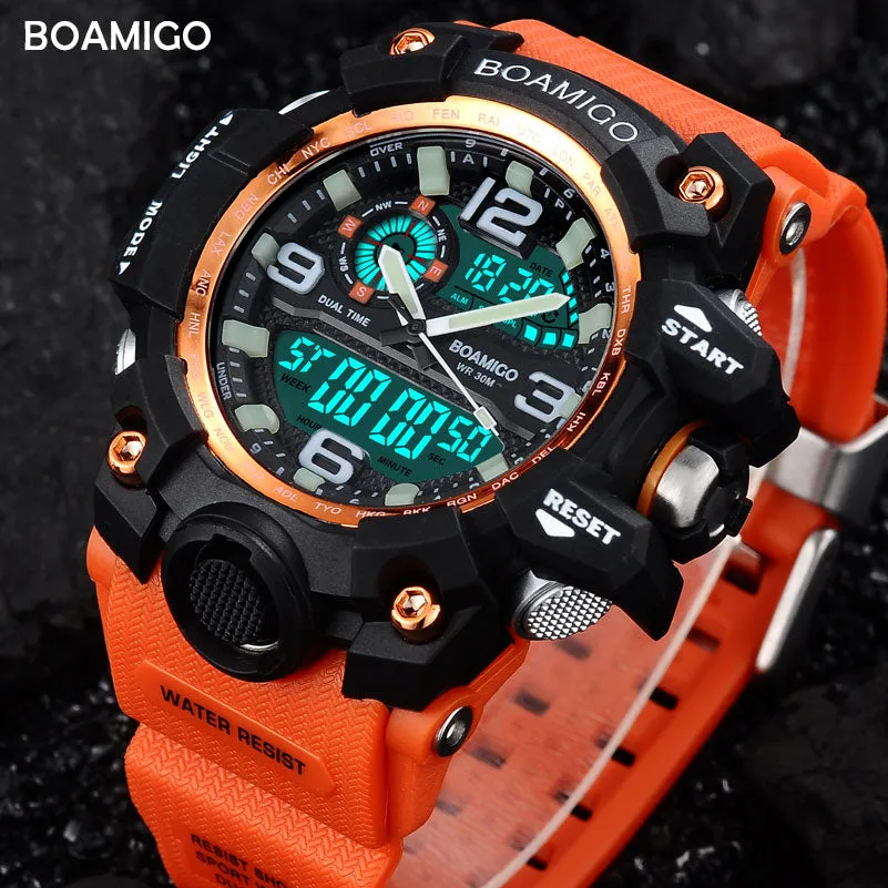 Men Sports Watches BOAMIGO Brand Digital LED Orange Shock Swim Quartz Rubber Wristwatches Waterproof Clock Relogio Masculino