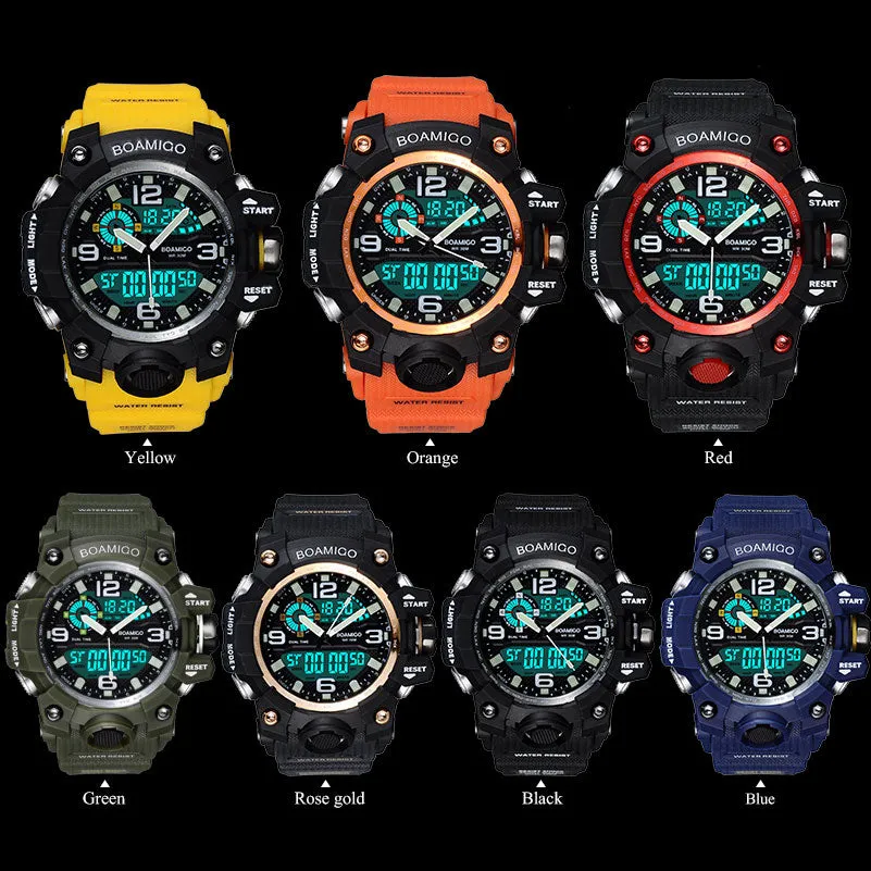 Men Sports Watches BOAMIGO Brand Digital LED Orange Shock Swim Quartz Rubber Wristwatches Waterproof Clock Relogio Masculino