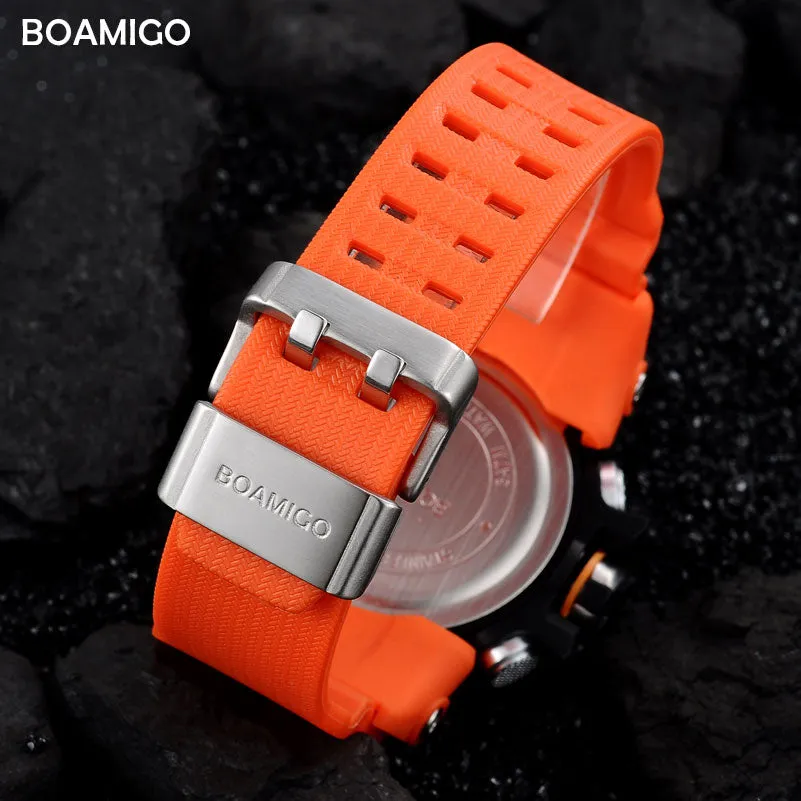 Men Sports Watches BOAMIGO Brand Digital LED Orange Shock Swim Quartz Rubber Wristwatches Waterproof Clock Relogio Masculino