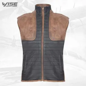 Men's Black and Brown Leather Puffer Waistcoat