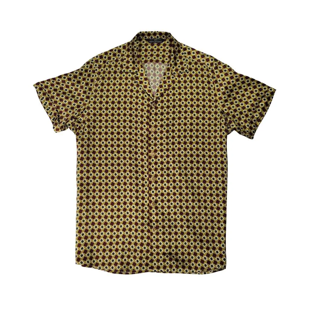 Mens Gold Bowling Short Sleeve Silk Shirt