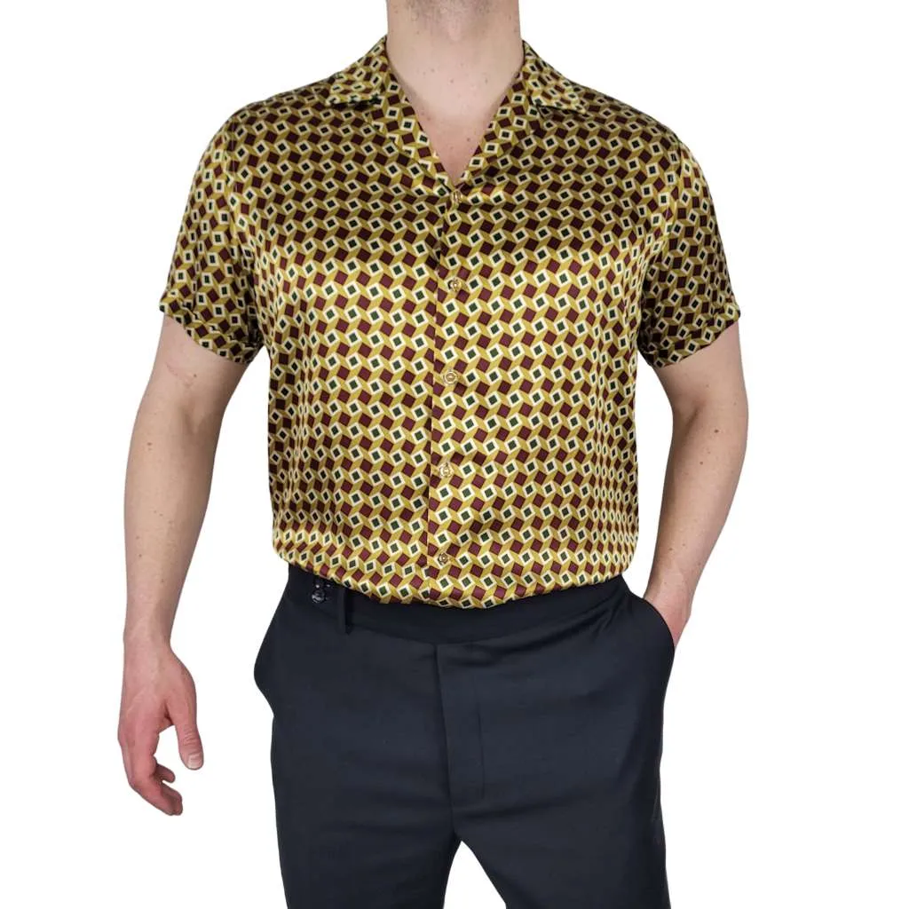 Mens Gold Bowling Short Sleeve Silk Shirt