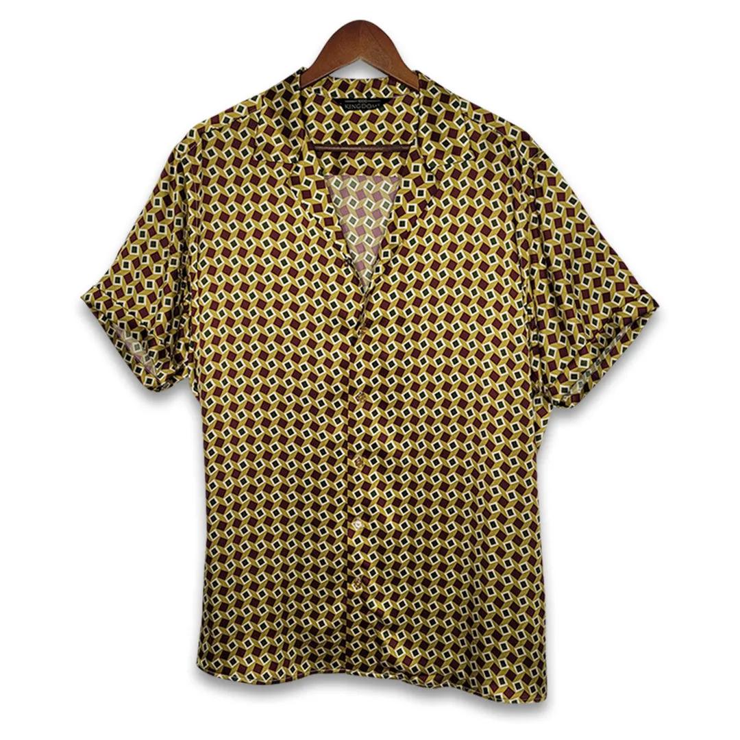 Mens Gold Bowling Short Sleeve Silk Shirt