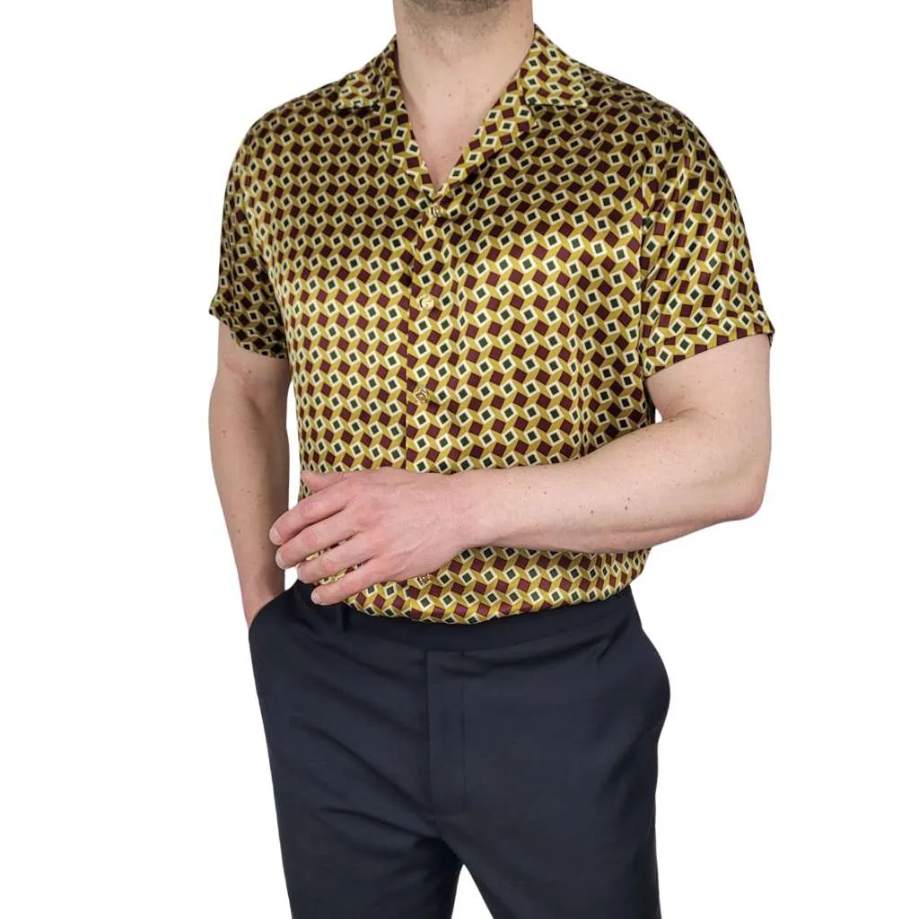 Mens Gold Bowling Short Sleeve Silk Shirt