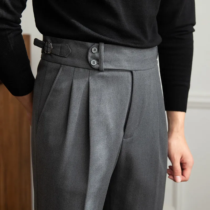 Mens High Waisted Pants Hidden Expandable Waistband Classic Fit Front Pleated Trousers