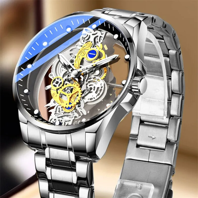 MRoyale™ Hollow Skeleton Automatic Men's Watch: Quartz, Stainless Steel Luxury Wristwatch