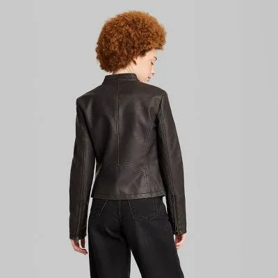 New - Women's Faux Leather Racing Jacket - Wild Fable Black S