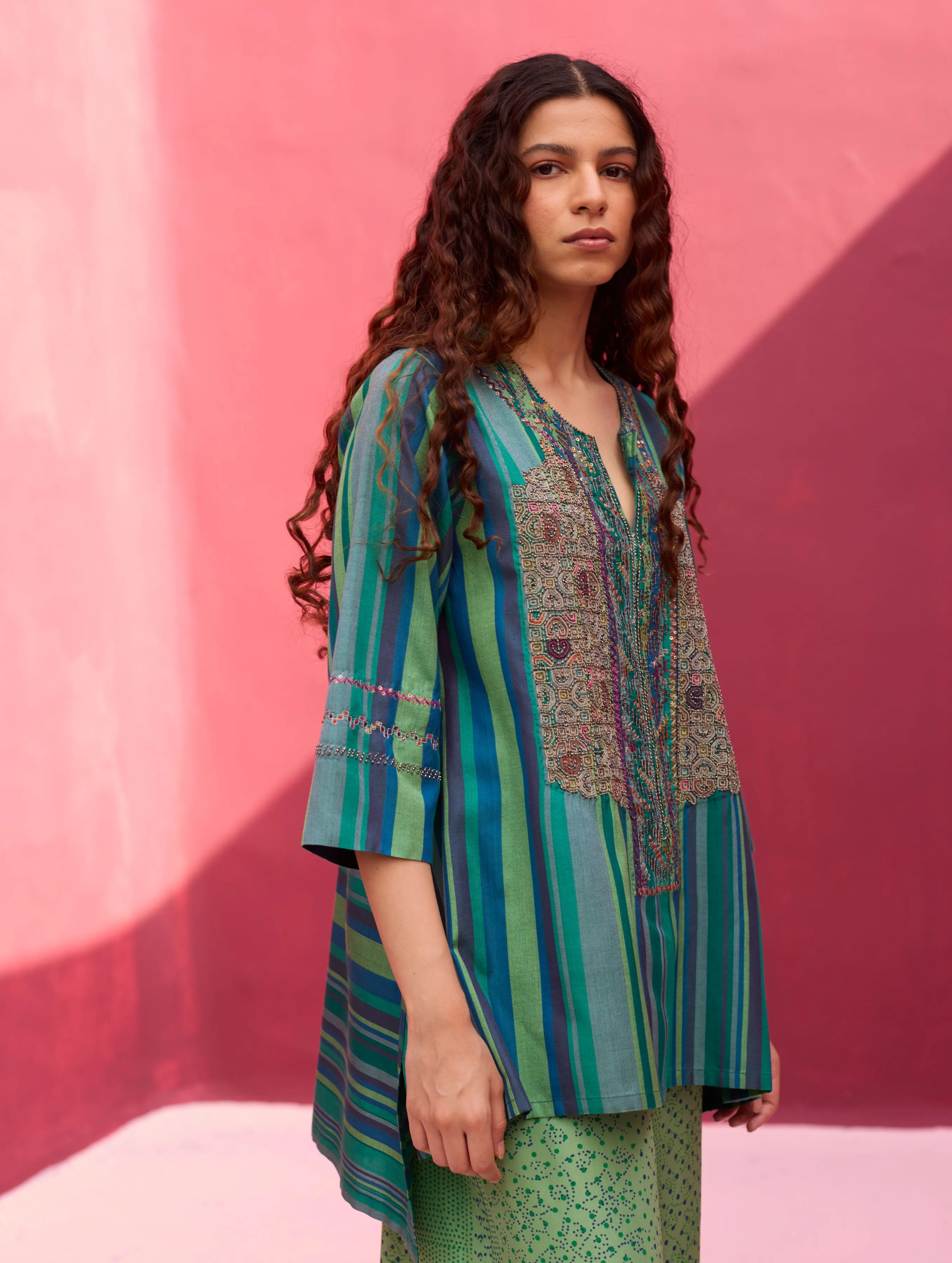 Olena Hand-Embroidered Silk Kurta Set - Peacock