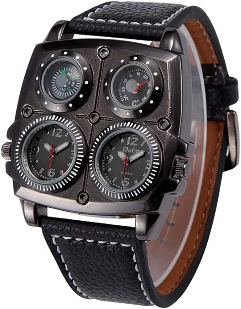 OLMPro™ Men's BIG Face Leather Analog Punk Watch - Dual Time Zones, 4 Dials, Quartz