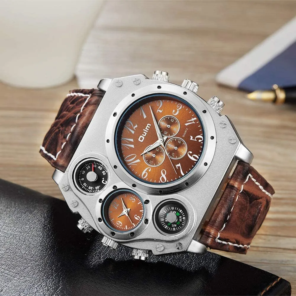 OLMPro™ Mens BIG Face Leather Analog Sport Watch - Decor Compass/Thermometer