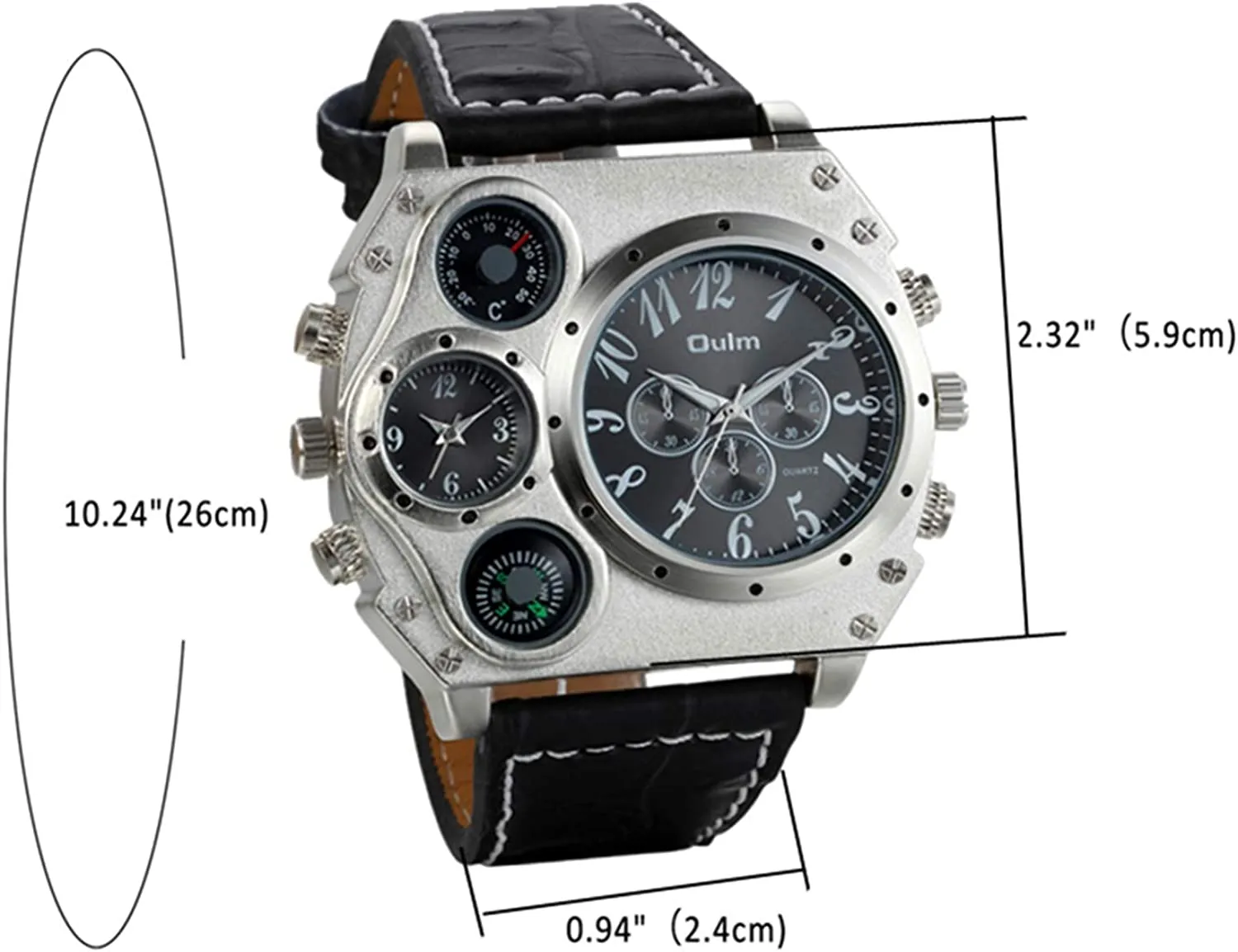 OLMPro™ Mens BIG Face Leather Analog Sport Watch - Decor Compass/Thermometer