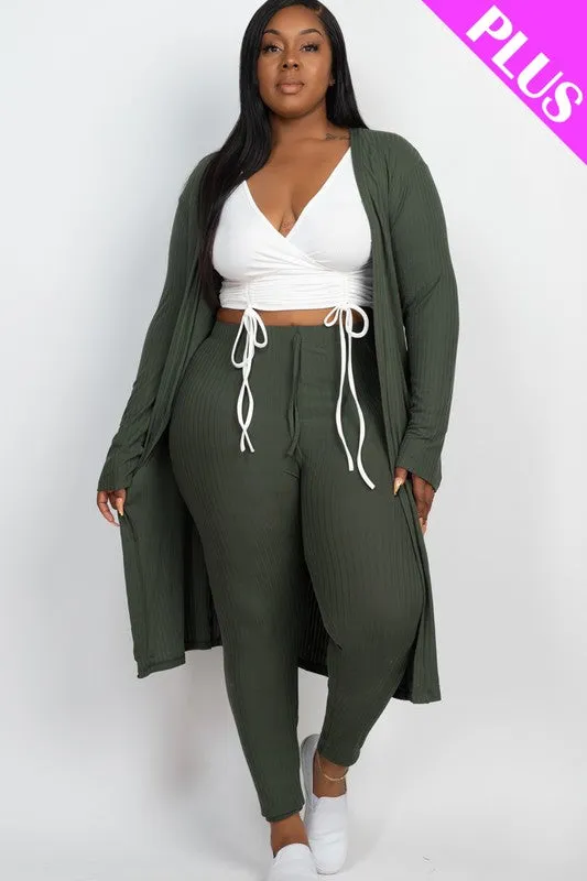 Plus Size Ribbed Long Cardigan & Leggings Set