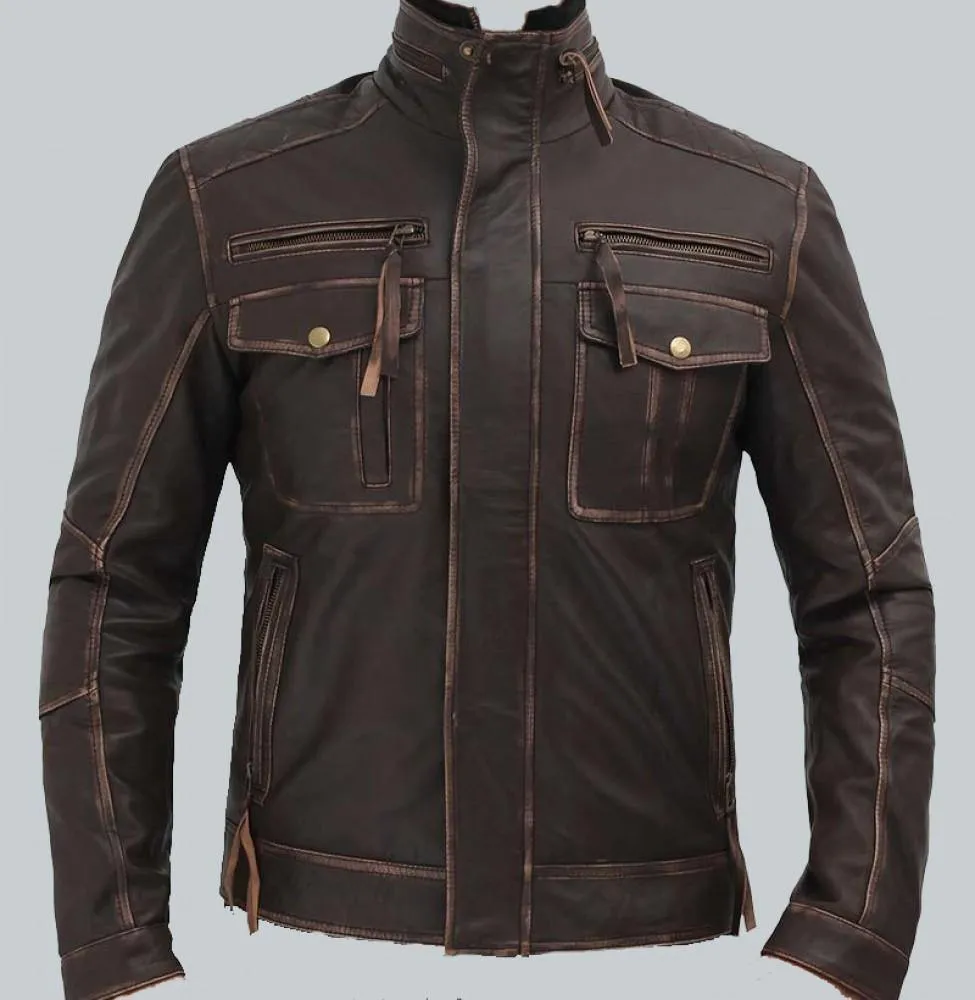 Rugged Brown Distressed Leather Motorcycle Jacket with Quilted Shoulders