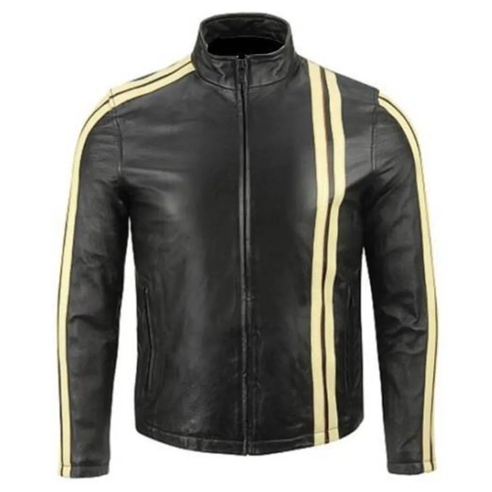 Slim Fit Yellow Stripes Leather Jacket